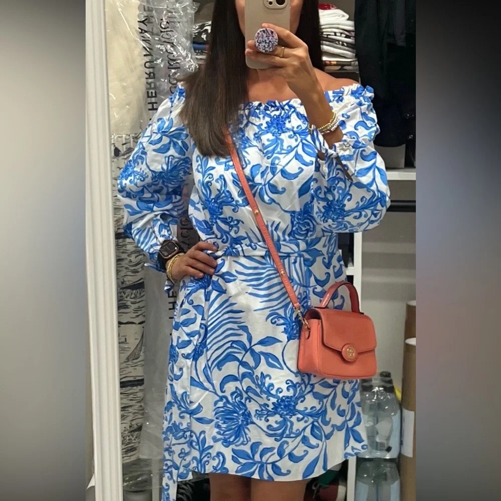 NWT Lilly Pulitzer Jamielynn Off the Shoulder Blue and White Floral Dress - Picture 3 of 6